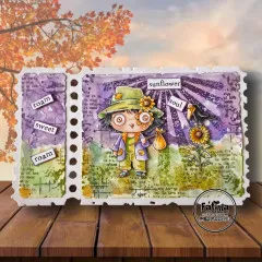 Lila Ticket mit Wandererfigur, Sonnenblume und Etiketten roam sweet roam