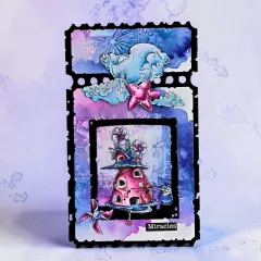 Schwarzes Ticket mit pinkem Vogelhaus, Wolken, Stern und Etikett Miracles