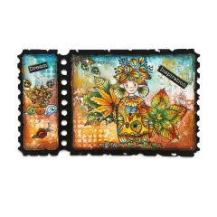 Ticketkarte mit Mädchen, bunten Herbstblättern und Etiketten Dream und Inspiration