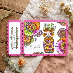 Pinkes Ticket mit Zouki-Mädchen, bunten Blüten und let your heart do cartwheels
