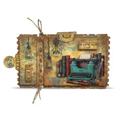 Gealtertes Golden Ticket mit Schreibmaschine, Büchern, Glühbirnen und The journey begins now