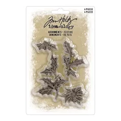Tim Holtz Idea-Ology Adornments Festive, 4 Metallverzierungen mit Stechpalme und Poinsettia-Blüten in Silber