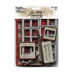 Tim Holtz Idea-Ology Christmas Baseboards + Transparencies Set mit 22 Teilen, Karton- und Transparent-Elemente in Rot, Weiß und Graupappe auf Vintage-Fenster-Hintergrund