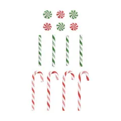 Alle 14 Stück Tim Holtz Christmas Confections: 6 Lollipops, 4 gestreifte Zuckerstangen in Grün-Weiß und 4 rote Zuckerstangen