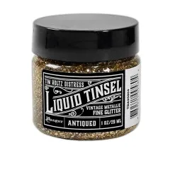 Tim Holtz Distress Liquid Tinsel Fine Antiqued in 29-ml-Dose mit schwarzem Deckel und Vintage-Label, gefüllt mit feinem goldfarbenem Glitter