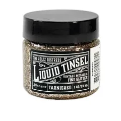 Tim Holtz Distress Liquid Tinsel Fine Tarnished, 29 ml Dose mit schwarzem Deckel, gefüllt mit grausilbernem feinen Glitzer