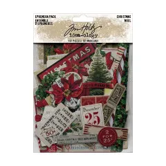 Tim Holtz Idea-Ology Ephemera Pack Christmas mit 167 Teilen in Vintage-Rot-Grün, Verpackung mit Poinsettien und nostalgischen Designs
