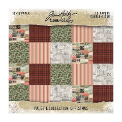 Tim Holtz Idea-Ology 12x12 Papierblock Palette Collection Christmas mit 12 beidseitig bedruckten Bögen, grüne Stechpalmen, rote Karos, Zuckerstreifen und nostalgische Muster