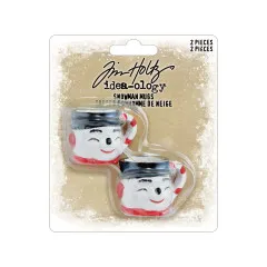 Tim Holtz Snowman Mugs Verpackung mit 2 Miniaturtassen mit Schneemanngesicht, schwarzem Hut und rot-weiß gestreiftem Henkel