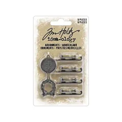 Tim Holtz Wonderland Adornments Set mit 6 Metallverzierungen, Verpackung mit Medaillon und Kranzanhänger