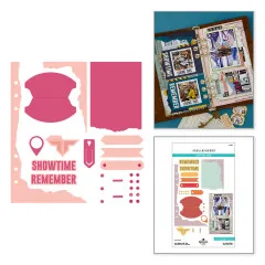 Collage aus dem fertigen Reise-Ringbuch mit Foto-Seiten "Showtime" und "Remember" neben der Verpackungskarte