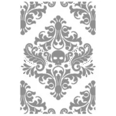 Schwarz-weiße Strichzeichnung des Damastmusters mit eingearbeitetem Totenkopf-Motiv.