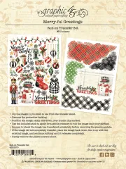 Rub-On Transfer Set Merry-ful Greetings mit beiden Transferbögen: linker Bogen mit Nussknacker und Weihnachtsmotiven, rechter Bogen mit Muster-Transferelementen in Karos und Punkten