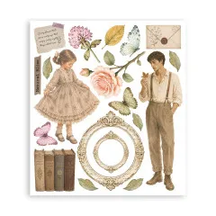 Rub-On Bogen Natural Blisses mit Mädchen, Mann in Vintage-Kleidung, Blumen, ornamentale Rahmen und antiquarische Bücher