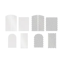Transparente Acetatfolien des Sets: weiße und gemusterte Bögen in verschiedenen Formen wie Arch, Rechteck und Quadrat mit Gittermuster-Druck