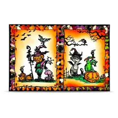 Farbige Illustration: 'Trick or Treat' Grußkarte mit grüner Hexe in pink-farbigem Kleid, Kürbisse, dunkle Schlösser mit gelb leuchtenden Fenstern, Fledermäuse, Geist, bunte Färbung