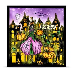 Gestaltete Karte mit Clear Stamps: Pumpkin Fairy in pink-grünem Kleid vor Spukschloss mit Kürbissen, Fledermäusen und Ghost unter violettem Mond