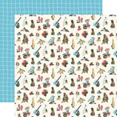 Designpapier mit Allover-Muster, Freizeitattribute wie Surfboards, Gitarren, Ananas, Flip-Flops, tropische Blüten, Schildkröten und Regenbogenfarben