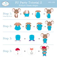 Anleitung PJ Party Tutorial 2: große Maus im blauen Pyjama mit roter Zipfelmütze und Buch