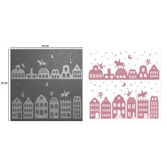 Gegenüberstellung von geprägtem grauem Panel und rosa Schablonen-Ausdruck desselben Dächer-Motivs mit Sinterklaas, jeweils 15x15 cm.