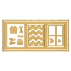 Detailansicht des goldenen Stanzbogens mit Geschenk-Schleifen-Motiven, Zickzack-Panel und Fensterpanel.