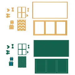 Schematische Gegenüberstellung des Türform-Stanzsets in Gold- und Grüntönen mit Geschenk-, Zickzack- und Fenstermotiven.