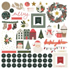Alle 66 Chipboard-Stanzteile der Kollektion Mistletoe & Holly ausgebreitet, darunter Weihnachtsmann, Schneemann, Haus und Stiefel mit Goldfolien-Akzenten