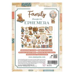 Rückseite der Stamperia Ephemera Family Verpackung mit Übersicht aller 29 Stanzteile: Teddybären, Mäuse, Heißluftballon, Koffer, Bücher, Spruchbänder