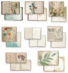 Ansicht aller 16 doppelseitigen Ephemera-Bögen mit botanischen Motiven und alten Buchseiten