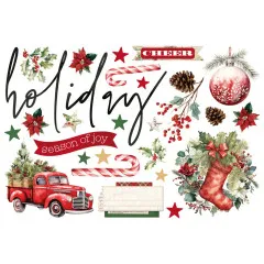 Alle 26 Page Pieces der Serie Old-Fashioned Christmas einzeln freigestellt, darunter Wortstanzteil 'holiday', roter Truck und Weihnachtsstrumpf
