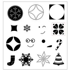 Schwarz-weiße Stempelmotive: Schneeflocken, Kleeblatt, Zuckerstange, Glocke, Schneemann-Gesichter und gepunktete Muster