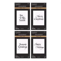 Vier Press-and-Foil-Prägeplatten mit handgeschriebenen Weihnachtsgrüßen Joy to the World, Merry Christmas, Season's Greetings und Happy Holidays in Upright-Italic-Kalligrafie.