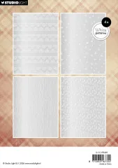 Vier transparente Vellum-Designs: Spitzen-Streifen, Schneeflocken, Holzmaserung und kleine Tannenbäume.