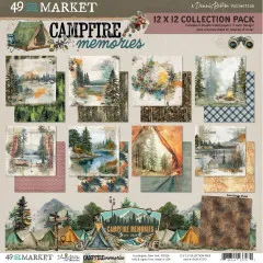 Verpackungsvorderseite mit acht doppelseitig bedruckten 12x12-Motivpapieren der Kollektion Campfire Memories rund ums Camping.