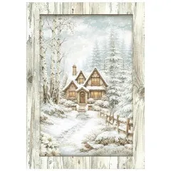 Stamperia A6 Mini Rice Paper 'White Christmas', 8 Motive, Übersicht auf der Verpackung.