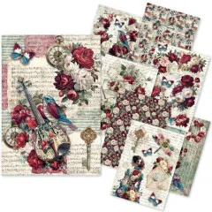 Übersicht aller acht Reispapier-Designs des Sets 'Bohemian Burgundy' mit vergrößertem Motiv aus Geige, Notenblättern und Rosen.