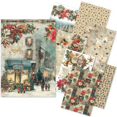 Übersicht aller acht Reispapier-Designs des Sets 'Merry & Bright' mit vergrößertem Motiv eines verschneiten Weihnachtsschaufensters.