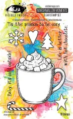 Verpackung des Clear-Stamp-Sets 'Marshmallow Moments' mit 10 Einzelstempeln: Tasse heiße Schokolade mit Marshmallows und Zuckerstange sowie Herz-, Stern-, Baum- und Schneeflocken-Motiven.