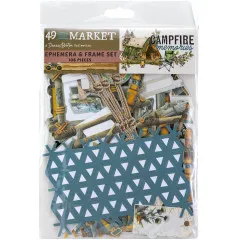 Verpackungsvorderseite mit Ephemera- und Rahmen-Stanzteilen der Kollektion Campfire Memories, u. a. Holzrahmen und Seil-Motiven.
