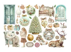 Stamperia Adhesive Ephemera 'White Christmas': selbstklebende Papier-Cut-Outs mit Eisbären und Mädchen mit Reh.