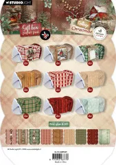 Rückseite der Faltschachtel-Vorlage: 18 Geschenkboxen in 9 Designpaaren - Karo, Holzoptik, Strick und Landhaus-Motive.