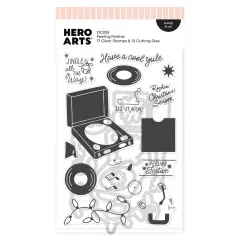 Verpackung des Hero-Arts-Sets 'Feeling Festive' mit Illustrationen von Plattenspieler, Schallplatten, Lichterkette und weihnachtlichen Sprüchen.