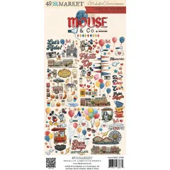Verpackungsvorderseite mit Laser-Cut-Elementen der Kollektion Mouse & Co., u. a. Mäusefigurenpaar, Ballons und Freizeitpark-Gebäude.