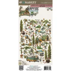 Verpackungsvorderseite mit Laser-Cut-Camping-Elementen der Kollektion Campfire Memories, u. a. Bären, Tannen und Wohnwagen.