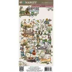 Verpackungsvorderseite mit Laser-Cut-Angel-Elementen der Kollektion Campfire Memories, u. a. Kanu, Angelrute und Campingstühlen.