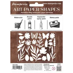 Verpackung Stamperia Art Paper Shapes mit Anleitung, Maloptionen Aquarell, Acryl, Aquacolor-Spray und Stamp Pads