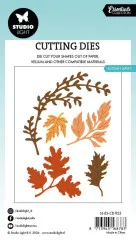 Verpackungskarte mit den in Rot-, Orange- und Brauntönen gestanzten Herbstblättern und Artikelnummer SL-ES-CD1125