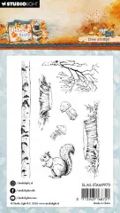 Verpackungskarte der Clear Stamps mit denselben Baumstumpf- und Eichhörnchenmotiven und Artikelnummer SL-AS-STAMP970
