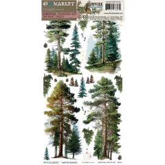 Verpackung der Essential-Rub-On-Bögen mit hohen Nadelbäumen und Wanderspuren der Kollektion Campfire Memories.