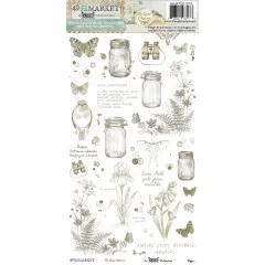 Verpackung der Essential-Rub-On-Bögen in Sepia mit Einmachgläsern, Fernglas und botanischen Motiven der Kollektion The Quiet Observer.